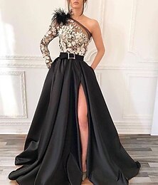abordables -Robe de soirée A-Line noire robe vintage invitée de mariage traîne de cour manches longues une épaule satinée avec fente en plumes 2025