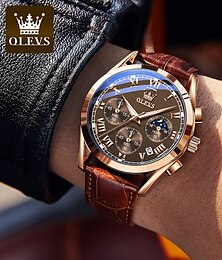 preiswerte -OLEVS Quarz Uhr für Männer Mode Business Dress Wasserdicht Armbanduhr Atmungsaktive Leder Quarz Uhr Chronograph Sport Uhr Männer Geschenke