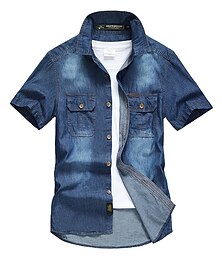 billiga -Herr Skjorta Chambray skjorta Sommarskjorta Jeansskjorta Knapp upp skjorta Marinblå Blå Ljusblå Kortärmad Slät Solid färg Nedvikt Utomhus Semester Button-Down Kläder Bomull Ledigt Bekväm