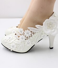 cheap -Wedding Shoes for Bride Bridesmaid Women Closed Toe Pointed Toe White PU Pumps With Lace Satin Flower Low Heel Wedding Party Valentine's Day Elegant Classic