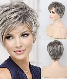 economico -parrucche corte in misto grigio per donna, parrucca con taglio pixie quotidiano in capelli naturali, più morbida/fine/leggera