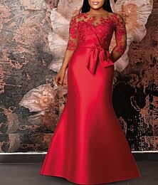 abordables -robe sirène rouge vert grande taille robes de soirée courbes grande taille robe formelle invité de mariage longueur au sol demi manches col bijou satin avec appliques à bretelles 2025