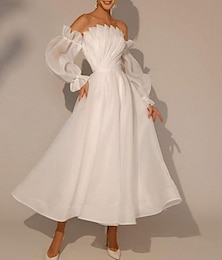 economico -Piccolo Abito Bianco Abiti per Bridal Shower Abiti da Sposa A-Line Collo Quadrato Maniche Lunghe Lunghezza Caviglia Organza Abiti da Sposa con Plissettature Colore Solido