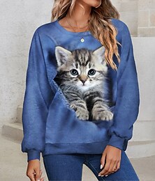 economico -felpa da donna taglie forti pullover basic cat street casual girocollo girocollo manica lunga blu autunno&amp; inverno