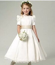 cheap -A-Line Ankle Length Flower Girl Dress First Communion Girls Cute Prom Dress Satin with Sash / Ribbon Royal Style Fit 3-16 Years