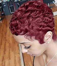 cheap -Short Curly Pixie Cut Wigs with Bangs Wine Red Color Short Human Hair Wigs for Black Women Cute Daily Wear Wig Burgundy 99J Color
