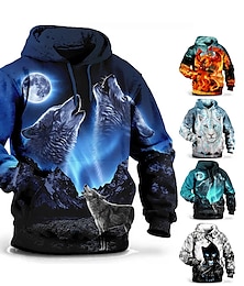 cheap -Men's Plus Size Pullover Hoodie Sweatshirt Big and Tall Wolf Hooded Long Sleeve Spring &  Fall Fashion Streetwear Basic Comfortable Work Daily Wear Tops