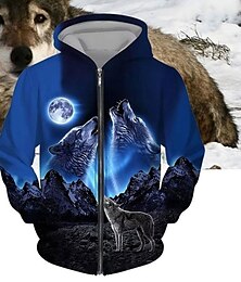 preiswerte -Herren Kapuzenshirt mit durchgehendem Reißverschluss Jacke Blau Mit Kapuze Wolf Grafik-Drucke Zip Bedruckt Sport & Natur Täglich Sport 3D-Druck Strassenmode Designer Brautkleider schlicht Frühling