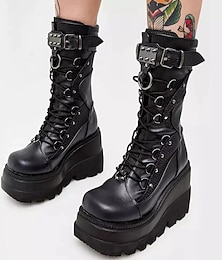 billige -Dame Sko Mid Calf Combat Boots Rund-tå Punk Lolita Punk & Gotisk Kraftige Hæle Sko Lolita Sort Hvid PU Læder