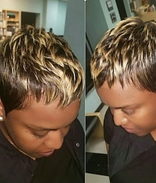 billiga -kort pixie cut peruk människohår för svarta kvinnor remy människohår peruk söt billig peruk till fest svart mix blond