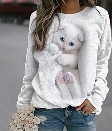 abordables -Sudadera de mujer, jersey de gato, estilo casual, deportiva, básica, cuello redondo, manga larga, top microelástico, caída&amp;Tejido suave, transpirable y cómodo para el invierno.