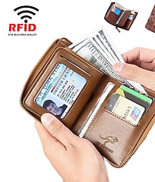 ieftine -portofel cangur portofel bărbătesc din piele PU cu blocare RFID cu fermoar, cu fermoar, suport pentru carduri de credit de afaceri, posetă de înaltă calitate