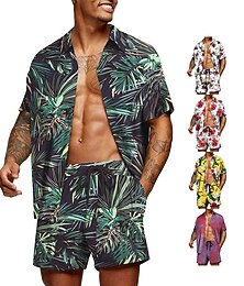 abordables -Homme Graphique Feuille de palmier Plantes Tropicales 2 pièces Ensembles de chemises Chemise hawaïenne Manche Courte Pantalon court Col Rabattu Designer Chaussures de plage Vacances Occasionnel