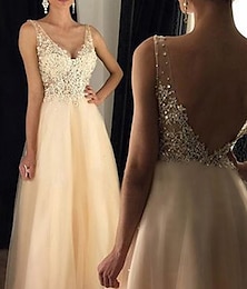 abordables -Robe Prom A-Line Or Robe Sequins Invité de Mariage Formel Longueur de Sol Sans Manches Col V Tulle Dos V avec Broderie Applications 2025