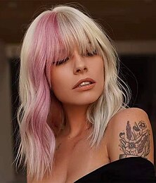 economico -parrucca bionda corta con mèches rosa parrucca caschetto rosa misto biondo da donna parrucca sintetica riccia e ondulata da cosplay parrucca lunga fino alle spalle per ragazze parrucche per feste di
