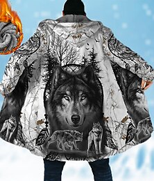 billiga -Herr Djur Varg Grafiska tryck Vinterkappa Fleece-jacka Kappa Håller värmen Andningsfunktion Bekväm Mode Streetwear Sport Sport & Utomhus Dagliga kläder Utekväll Dragkedja Ficka Mönster Höst vinter