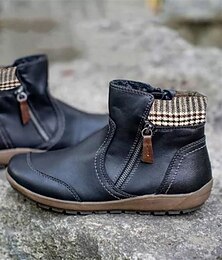 olcso -Női Csizmák Extra méret Szabadtéri Napi Csizmák Bokacsizmák Tél Cipzár Lapos Kerek orrú Szüret Alkalmi Gyalogló PU Bőr Cipzár Kockás Színes Fekete Bor Bíbor
