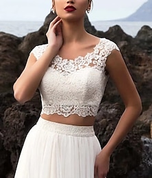 abordables -Boda en la Playa Boda Casuales de Salón Vestidos Separados Cuello Ilusorio Manga Corta Separados Blusas de Encaje Vestidos de Novia con Apliques