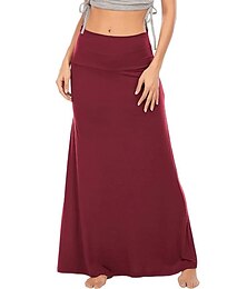 cheap -Women's A Line Long Skirt Maxi Skirts Solid Colored Office / Career Street All Seasons Cotton Fashion Basic Casual Black White Wine Navy Blue