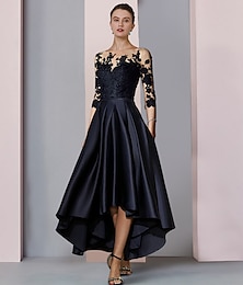 cheap -A-Line Mother of the Bride Dress Wedding Guest Elegant High Low Scoop Neck Asymmetrical Tea Length Satin Lace 3/4 Length Sleeve with Pleats Appliques 2024