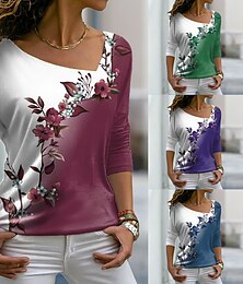 abordables -Mujer Talla Grande Camiseta Floral Graphic Manga Larga Escote en Pico Tops regulares Casual Fin de semana Estampado Rosa Azul Piscina Morado Verde Trébol Otoño invierno