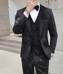 cheap -Black White Men's Prom Suits Wedding Party Evening Tuxedos Rose Pattern Jacquard Contrast Color 3 Piece Shawl Collar Tailored Fit Single Breasted One-button 2024