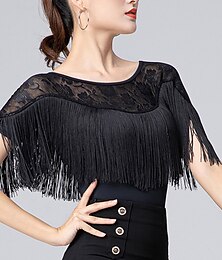 cheap -Latin Dance Activewear Top Lace Fringed Tassel Ruching Women‘s Performance Training Short Sleeve High Polyester