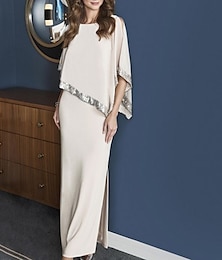 voordelige -Strand Bruiloft Slank Moeder van de Bruid Jurk Bruiloft Gast Elegante Glans en Schittering Jewel Neck Enkel Lengte Chiffon 3/4 Lange Mouw met Pailletten Split Voorkant 2025 gratis op maat gemaakt