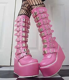 Χαμηλού Κόστους -γυναικεία παπούτσια ψηλές μπότες γόνατο με στρογγυλή μύτη punk lolita punk & gothic χοντρό τακούνι δερμάτινο 11 cm lolita μαύρο ροζ pu