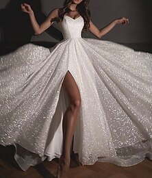 abordables -Robes de bal A-Line robe scintillante invitée de mariage fête de mariage traine balayage/soufflage sans manches bretelles spaghetti réception automne tulle avec fente à paillettes robe de masquerade