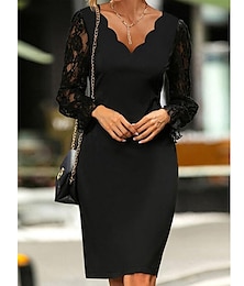 olcso -Női Fekete ruha Térdig érő ruha Csipke Kollázs Parti Iroda Randi Elegáns Szexi V-alakú Hosszú ujj Fekete Szín