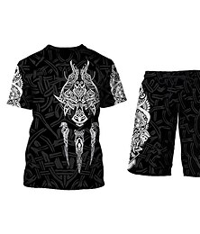 abordables -Las garras del lobo para hombre camisa gráfica pantalones cortos y camiseta conjunto trajes vikingo cuello redondo ropa impresión 3d al aire libre manga diaria 2 piezas 2 piezas tribal casual negro