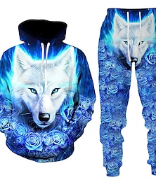 preiswerte -Herren Trainingsanzug Hoodies Set Schwarz Weiß Blau Leicht Blau Mit Kapuze Graphic Tier Wolf 2 teilig Bedruckt Sport & Natur Casual Sport 3D-Druck Strassenmode Designer Basic Frühling Herbst