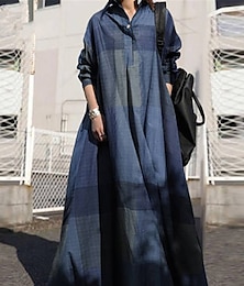cheap -Women's Linen Maxi Shirt Dress Geometric Button-up Long Sleeve Fashion Daily Spring Fall Winter S-5XL