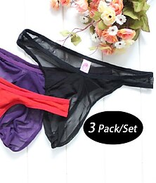 abordables -Hombre 3 paquetes Thongs Tanga Ropa Interior Sexy bragas Ropa interior de tanga Cuerda Malla Malla Color sólido Baja cintura Negro Rojo