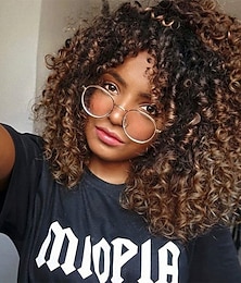 cheap -Curly Wigs for Black Women - Kinky Afro Curly Wig with Bangs 2 Tone Blonde Mixed Brown Color Synthetic Heat Resistant Full Wigs Christmas Party Wigs