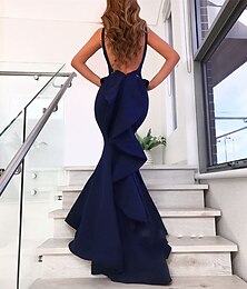 abordables -Robe de soirée Sirène Dos nu Robe Formelle Invitée de mariage Traîne cour Longueur de chevilles Col en V Tissu extensible avec nœud(s) Volants Robe de masque 2025