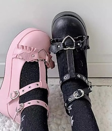 cheap -Women's Shoes Round-Toe Mary Jane Shoes Gothic Lolita Punk & Gothic Ankle Buckle Chunky Heel Shoes Lolita Black Pink PU Leather