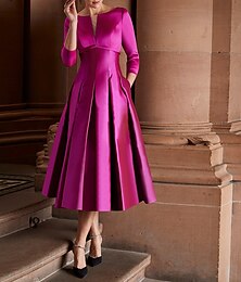 economico -Abiti Cocktail A-Line Abito Elegante Ospite di Matrimonio Abbigliamento da Festa Lunghezza Tè Manica 3/4 Scollatura a Gioiello Ospite di Matrimonio d'Autunno Satin con Pieghe Abiti Derby 2025