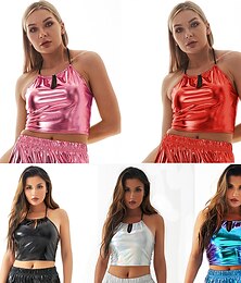 cheap -Metallic Sexy 1980s Shiny Latex Patent Crop Top Halter PU Leather Women's Masquerade Party Pride Parade Pride Month Top