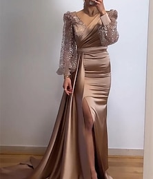 cheap -Mermaid Evening Dress Champagne Gown Sparkle Sequin Dress Formal Black Tie Floor Length Long Sleeve V Neck Satin With Buttons Pearls 2024