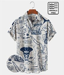 Χαμηλού Κόστους -ανδρικά 50s vintage πουκάμισα Χαβάης ναυτικός χάρτης πειρατικό πλοίο κρανίο seersucker ζάρες χωρίς εύκολη φροντίδα πουκάμισα aloha