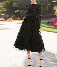 cheap -A-Line Cocktail Dresses Elegant Dress Wedding Guest Party Wear Tea Length Long Sleeve Jewel Neck Fall Wedding Guest Tulle with Sequin Tiered 2024