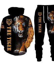 abordables -Hombre Graphic Tigre 2 piezas Conjuntos de sudaderas 3D Chándal Sudaderas Manga Larga Pantalones largos Con Capucha Ropa de calle Básico Casual Deporte Casual Deportes Estampado Primavera Otoño