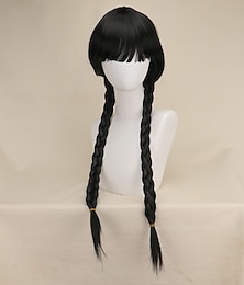 economico -Parrucca nera lunga intrecciata capelli morbidi e naturali con cap per parrucco parrucche sintetiche per feste e cosplay di Halloween