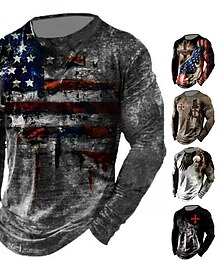 abordables -Hombre Camiseta camiseta angustiada Estampados Bandera estadounidense Bandera Cuello Barco Caqui + gris oscuro Negro Blanco Negro / Rojo Negro / Marrón Impresión 3D Exterior Calle Manga Larga