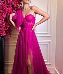 cheap -A-Line Prom Dresses Sexy Dress Wedding Party Birthday Court Train Sleeveless One Shoulder Tulle with Bow(s) Slit 2024