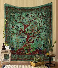 cheap -Tapestry Green Tree of Life Wall Hanging Psychedelic Tapestries Indian Cotton Twin Bedspread Picnic Sheet Wall Decor Blanket Wall Art Hippie Bedroom Livingroom