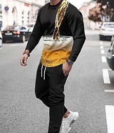 abordables -Hombre Graphic Cerveza 2 piezas Conjuntos de sudaderas 3D Chándal Manga Larga Pantalones largos Cuello Barco Ropa de calle Ropa deportiva Básico Deporte Casual Deportes Estampado Primavera Otoño Negro