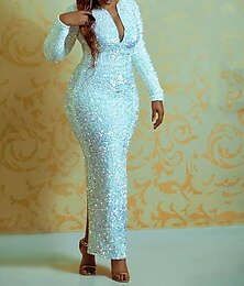 abordables -Robe de soirée Sirène Robe Éclat  Brillance Formelle Invitée de mariage Longueur aux chevilles Manches longues Col en V Sequins avec fente en sequins Robe de masque 2025